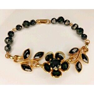 Vintage Black Faceted Glass Dimensional Flower + Petals Beads Bracelet 7.5" Inch